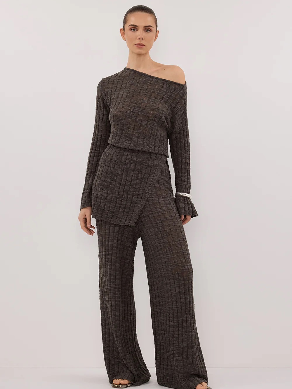 DISSH Wide-Leg Ribbed Knit Pants in Charcoal